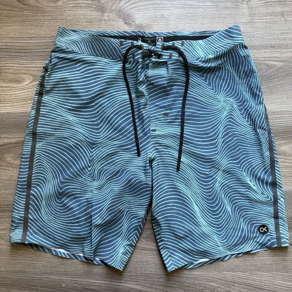 Outerknown Apex Board Shorts Mens 32 Blue‎ Wave Print Swim Trunks 9"